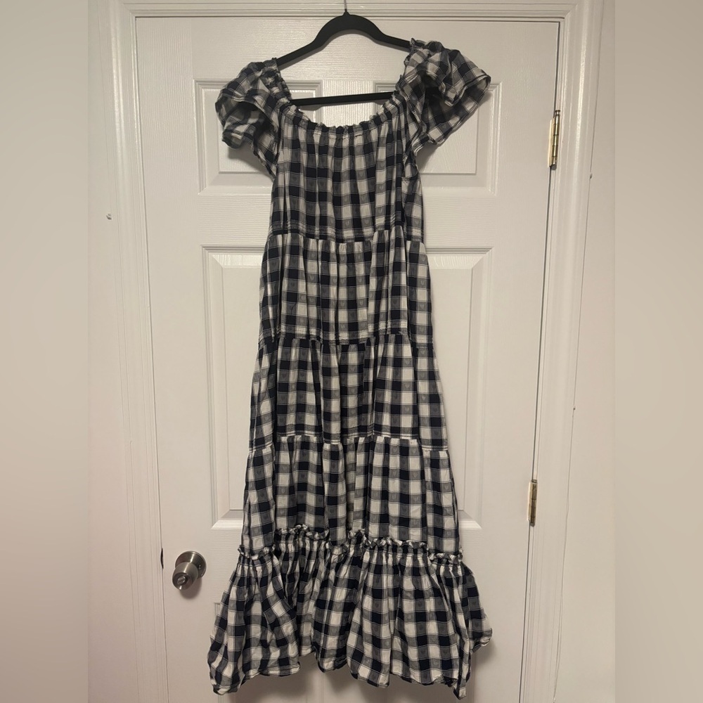 THE GREAT Nightingale Gingham Midi Dress in Navy Blue Heart Size 1 - Picture 12 of 14